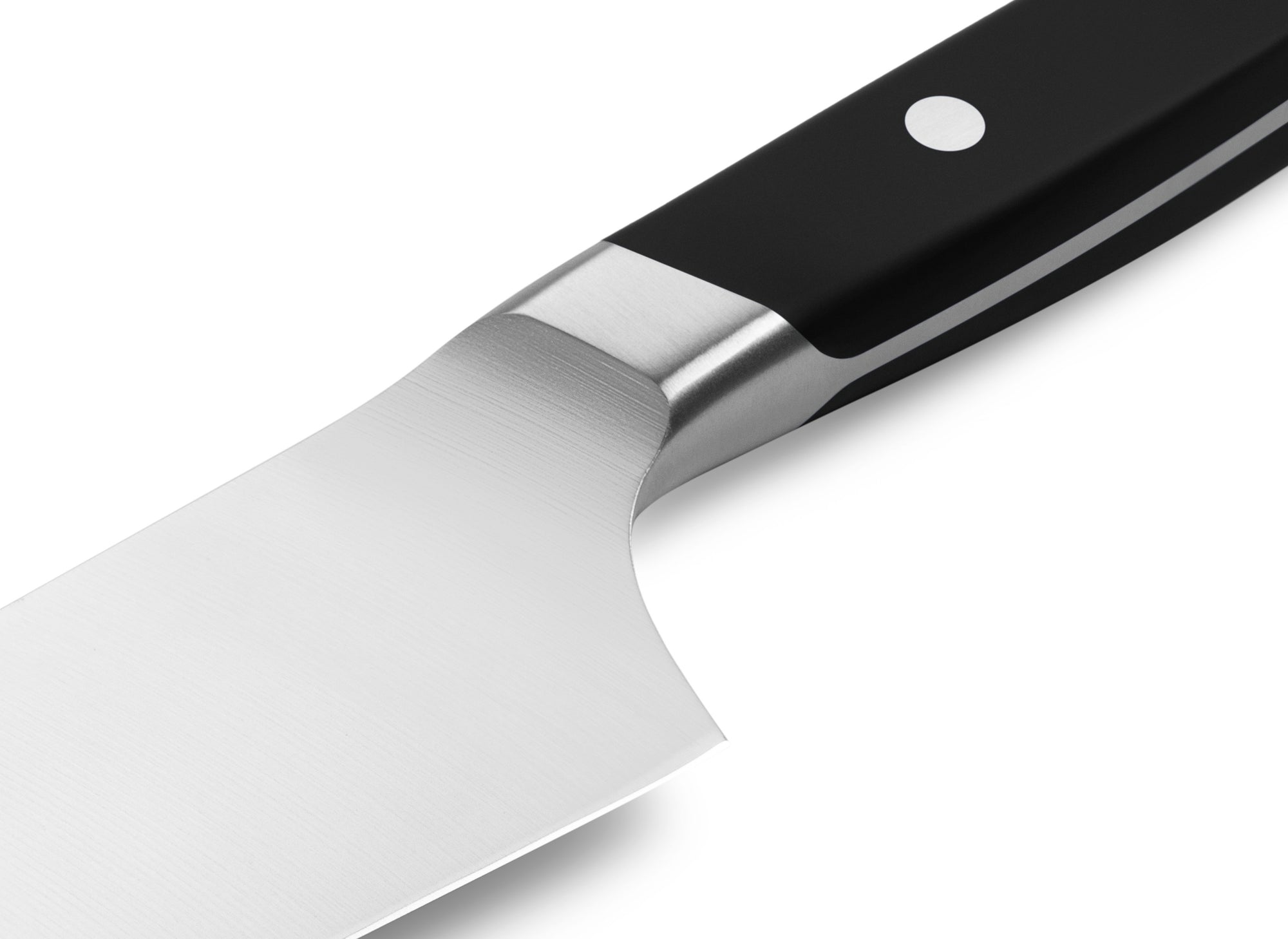 {{black}} The Misen Chef's Knife in black features a unique sloped bolster.