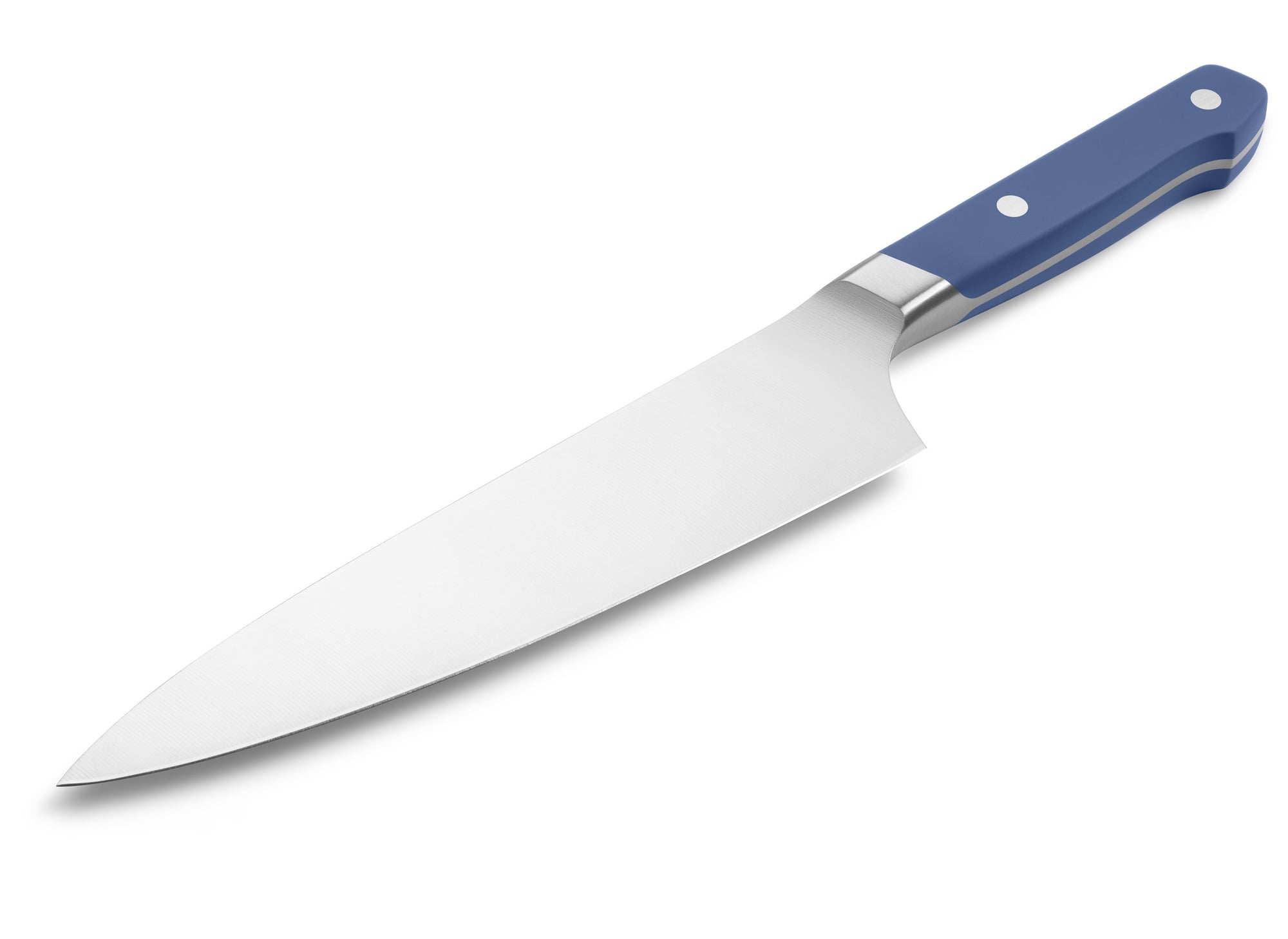 {{blue}} The Misen Chef's Knife in blue features a thick spine and a hybrid German/Japanese belly.