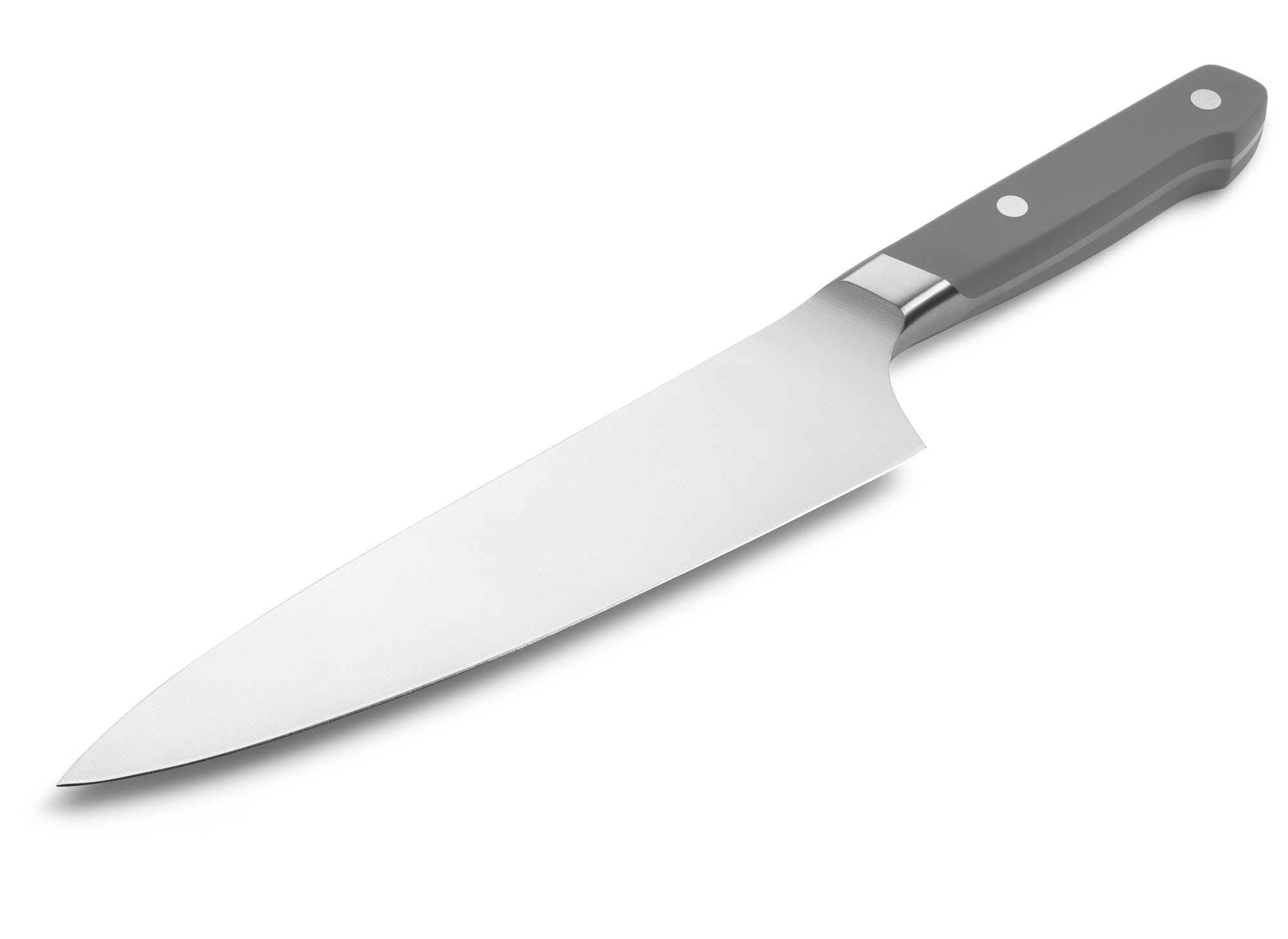 {{gray}} The Misen Chef's Knife in gray features a thick spine and a hybrid German/Japanese belly.