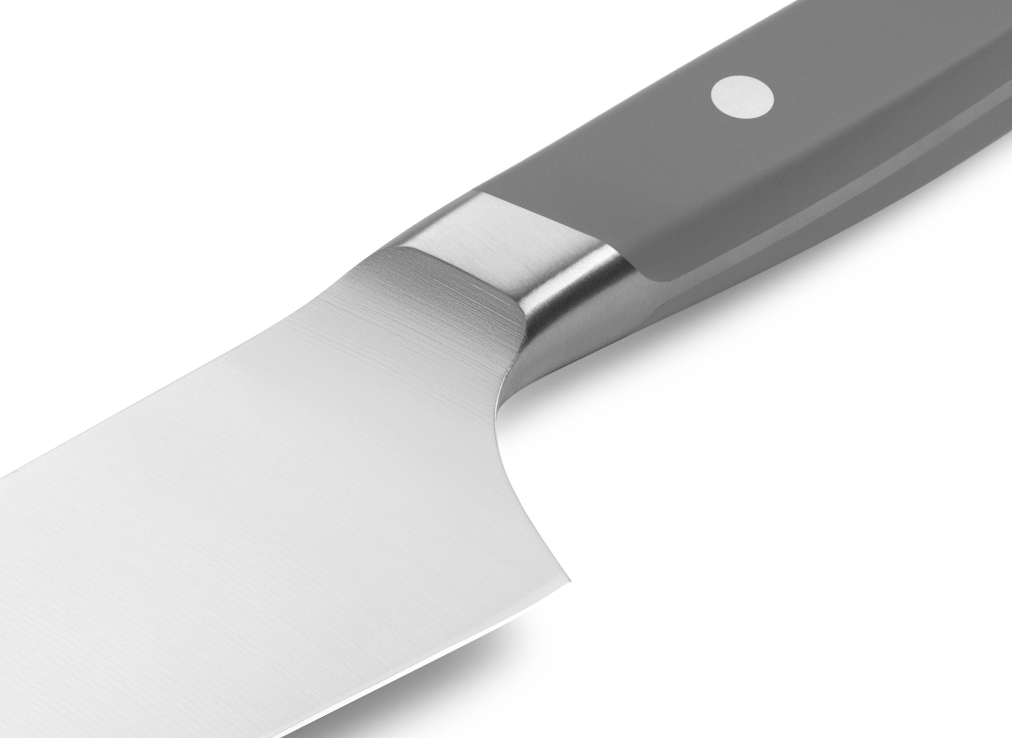 {{gray}} The Misen Chef's Knife in gray features a unique sloped bolster.