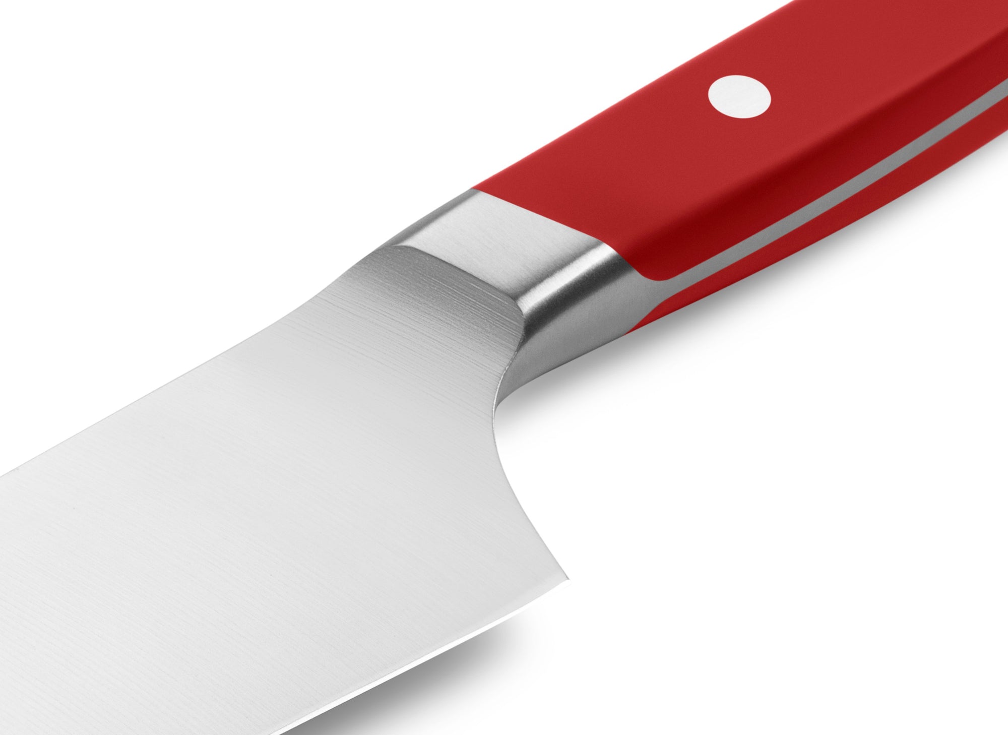 {{red}} The Misen Chef's Knife in red features a unique sloped bolster.