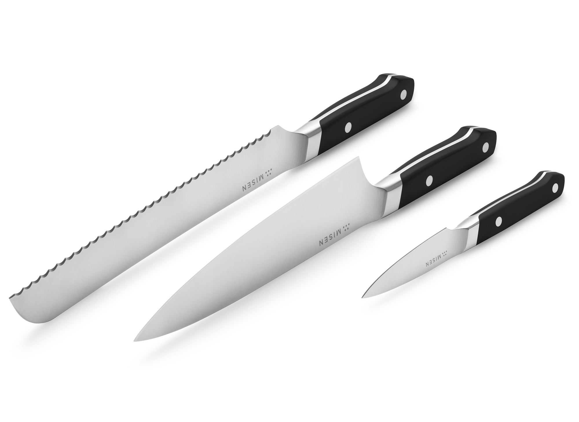 {{3-piece-black}} All knives in the 3-Piece Misen Essentials Knife Set in black are made of premium steel.