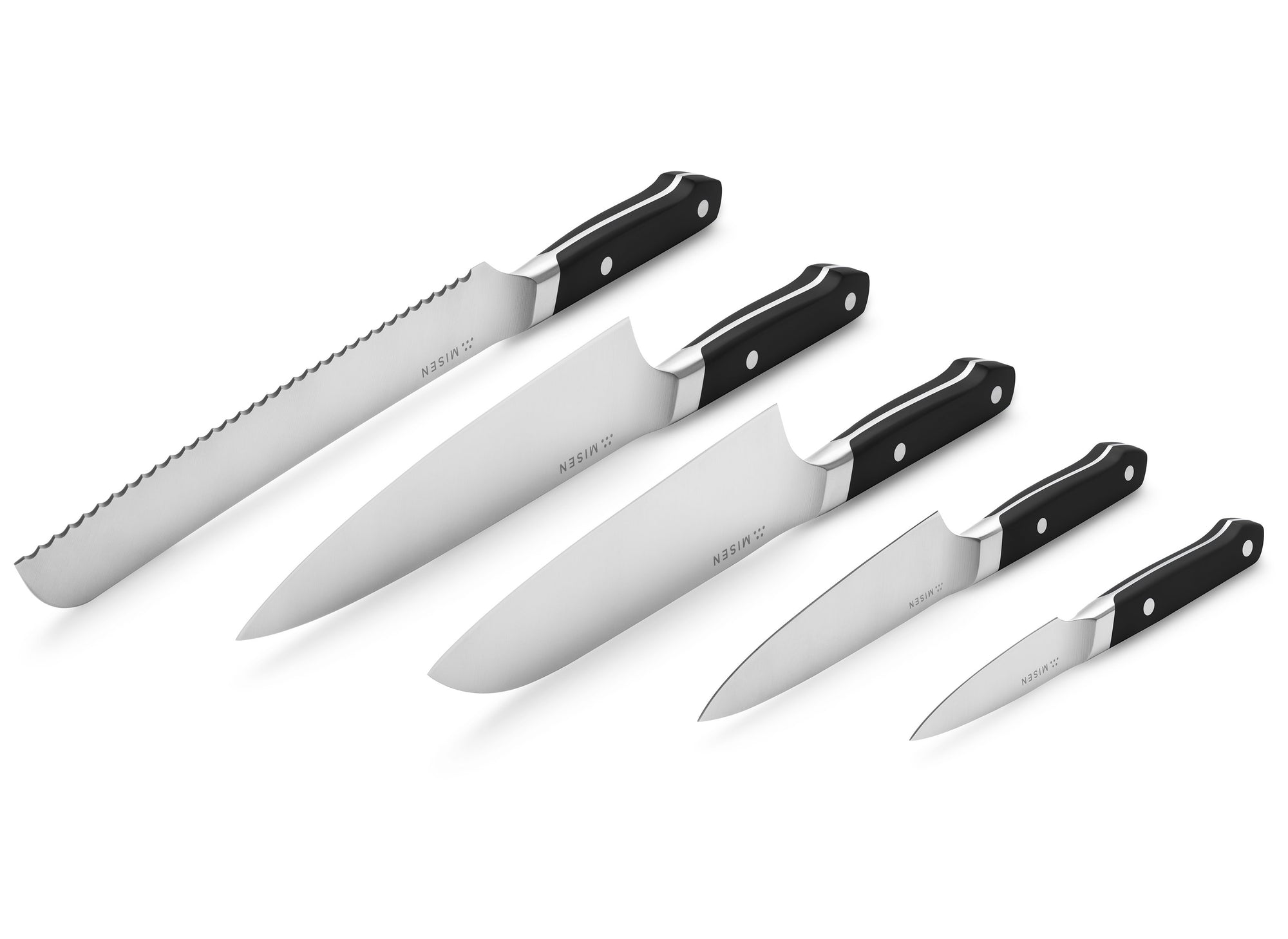 {{5-piece-black}} All knives in the 5-Piece Misen Essentials Knife Set in black are made of premium steel.