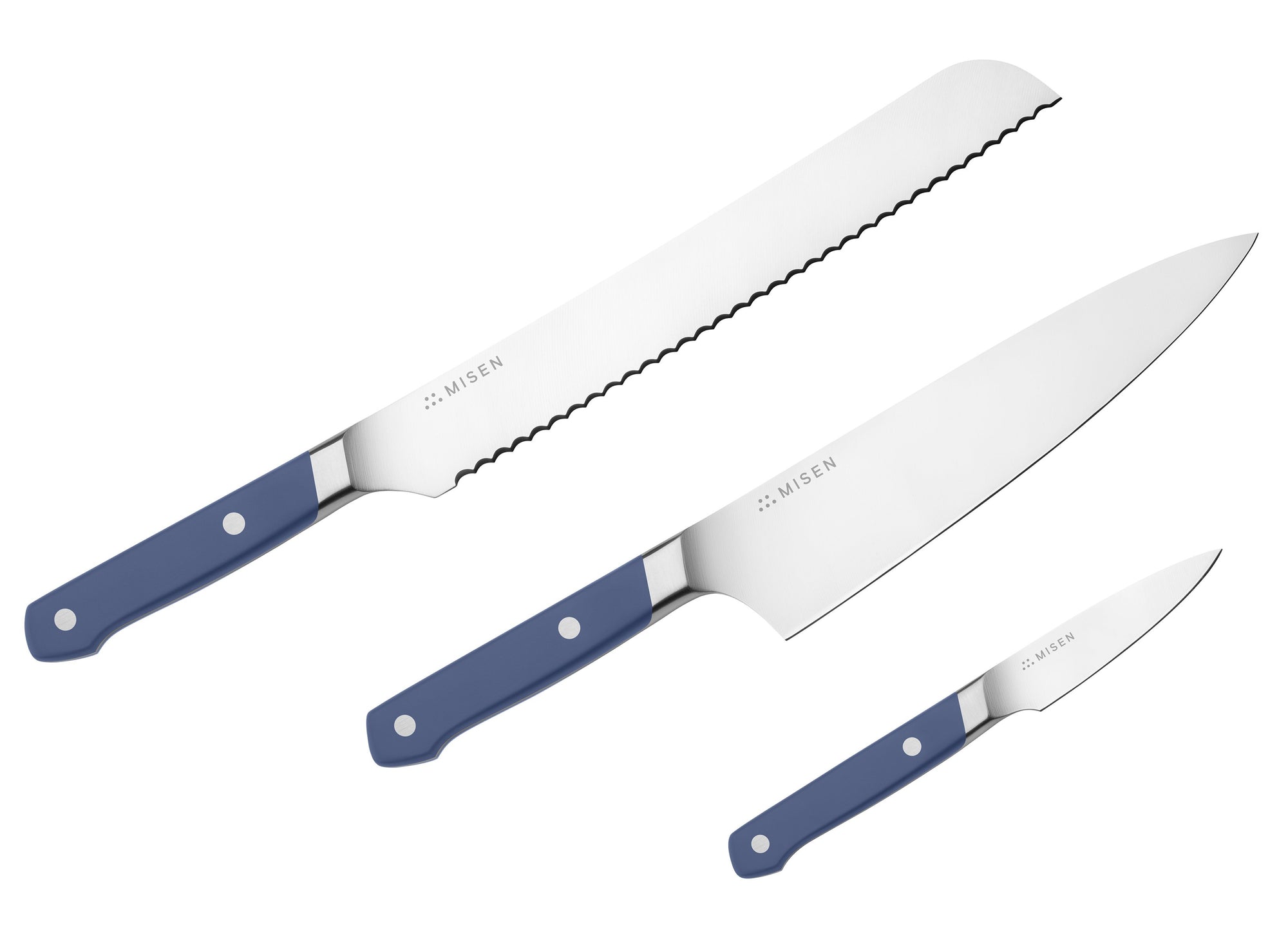 {{starter-blue,essentials-blue,complete-blue}} The Misen 3-Piece Essentials Knife Set in blue includes a Chef's Knife, a Serrated Knife and a Paring Knife.