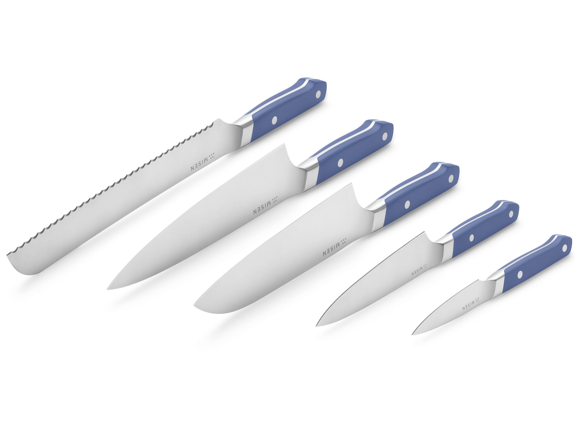 {{5-piece-blue}} All knives in the 5-Piece Misen Essentials Knife Set in blue are made of premium steel.