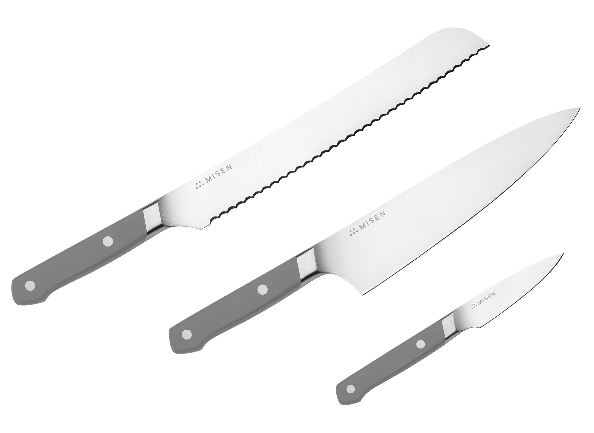 {{starter-gray,essentials-gray,complete-gray}} The Misen 3-Piece Essentials Knife Set in gray includes a Chef's Knife, a Serrated Knife and a Paring Knife.
