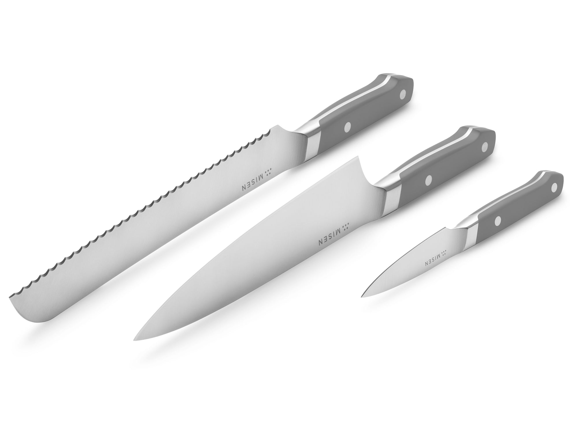 {{3-piece-gray}} All knives in the 3-Piece Misen Essentials Knife Set in gray are made of premium steel.