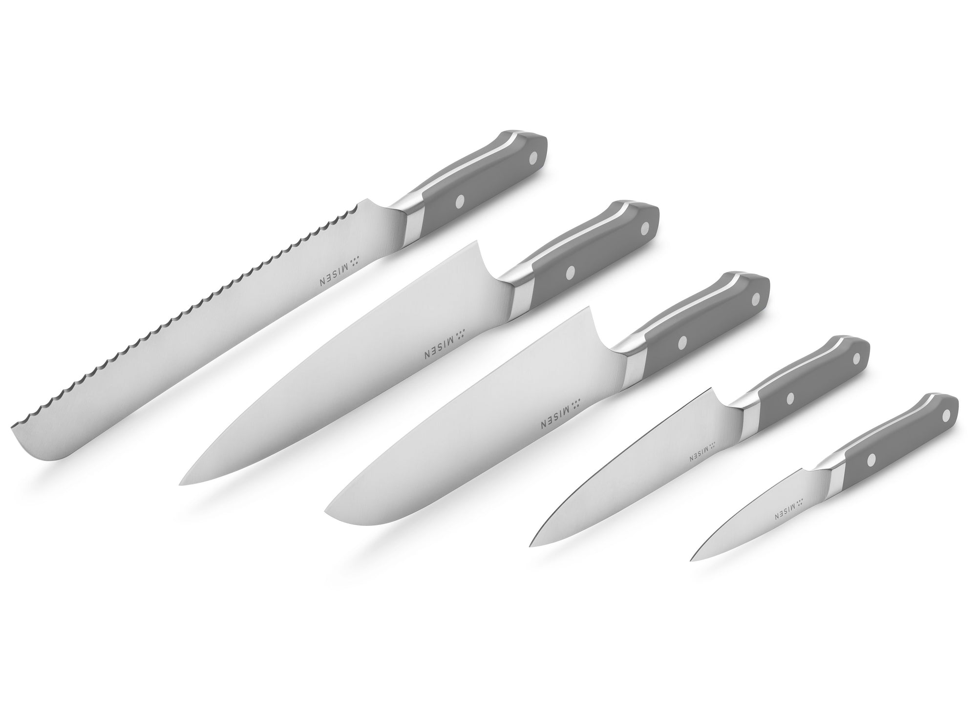 {{5-piece-gray}} All knives in the 5-Piece Misen Essentials Knife Set in gray are made of premium steel.