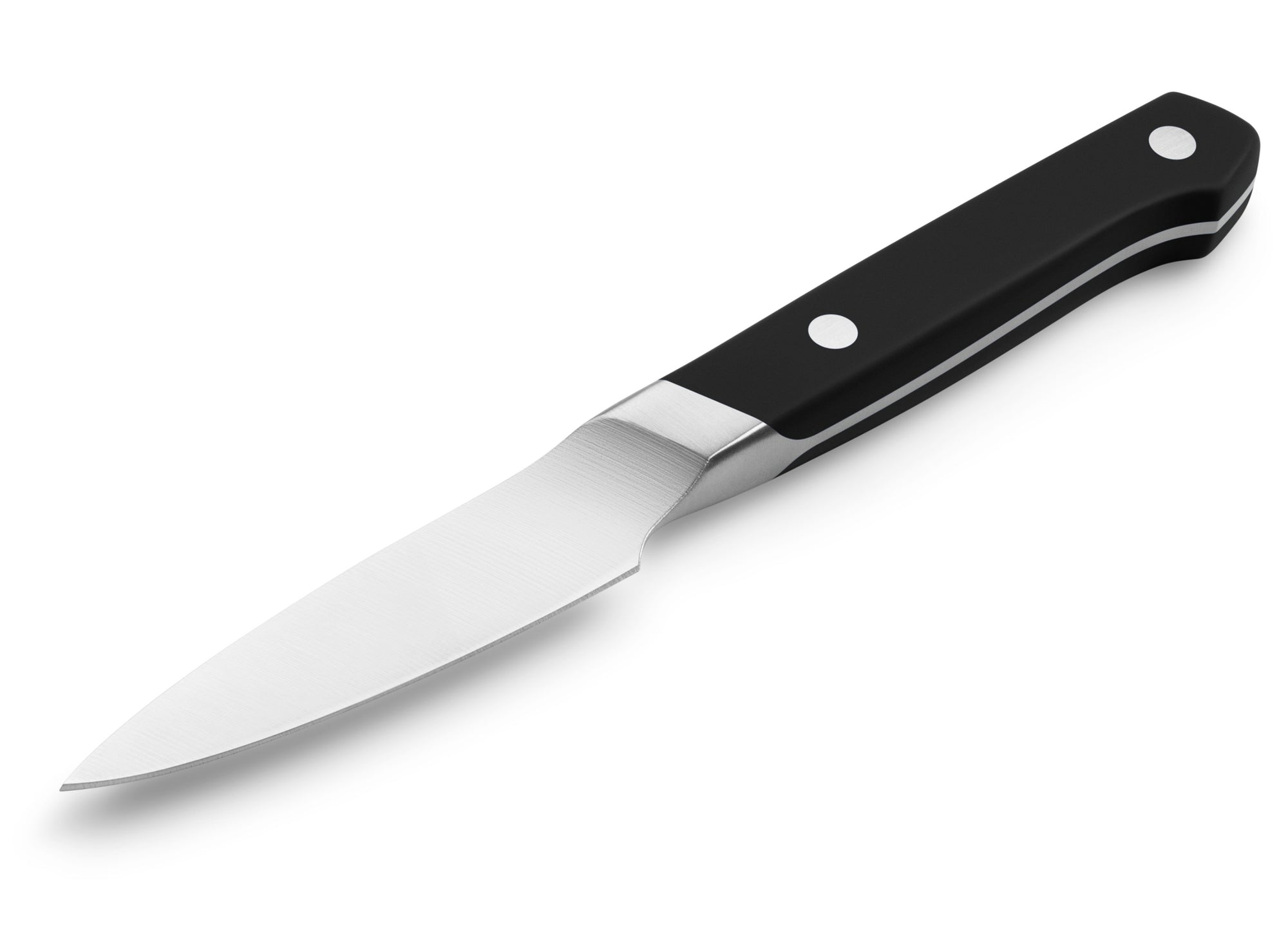 {{5-piece-black, 3-piece-black}} All knives in the Misen Essentials Knife Set in black feature a comfort grip handle with a full tang.