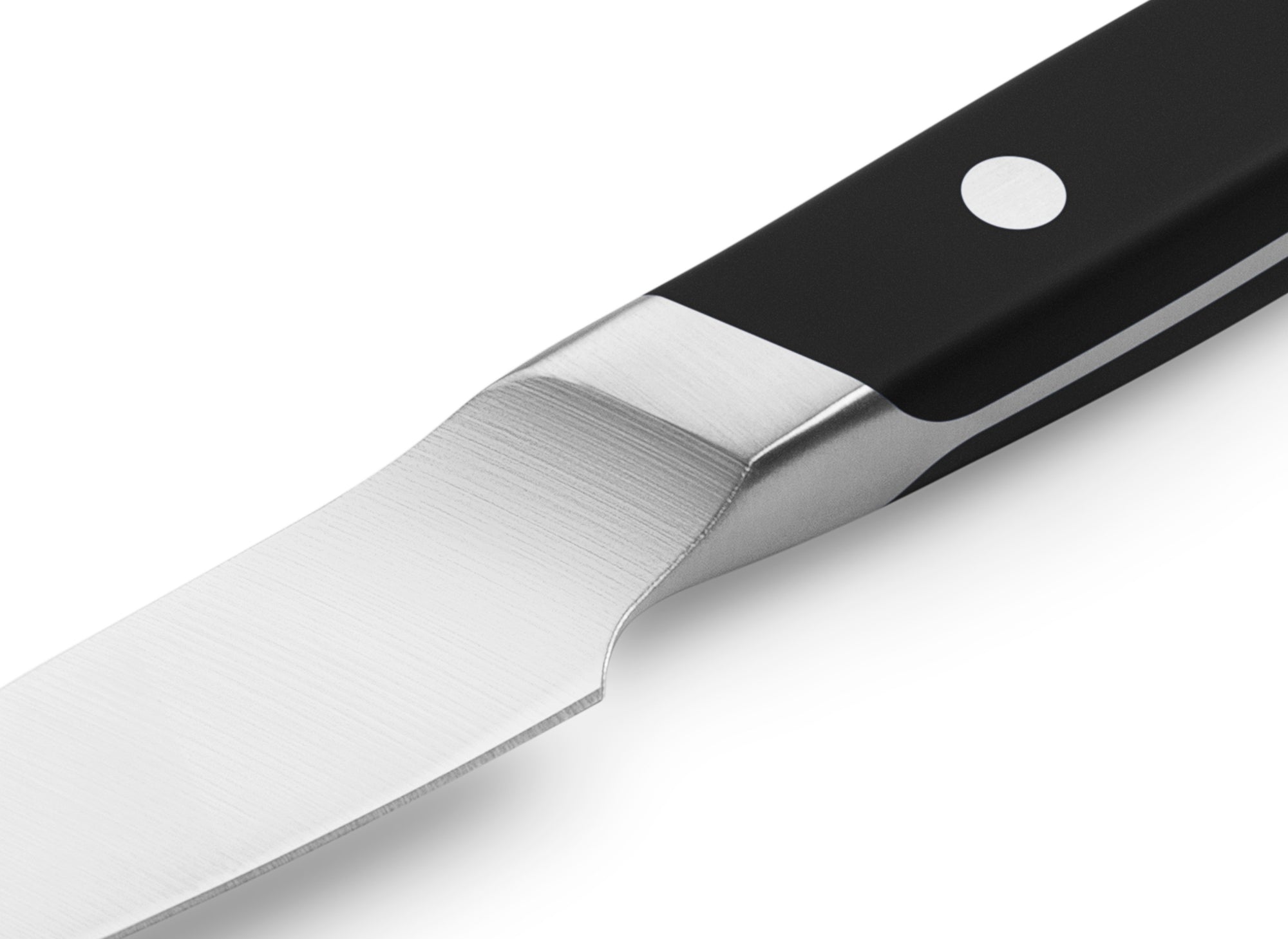 {{black}} The Misen Paring Knife in black features a unique sloped bolster.