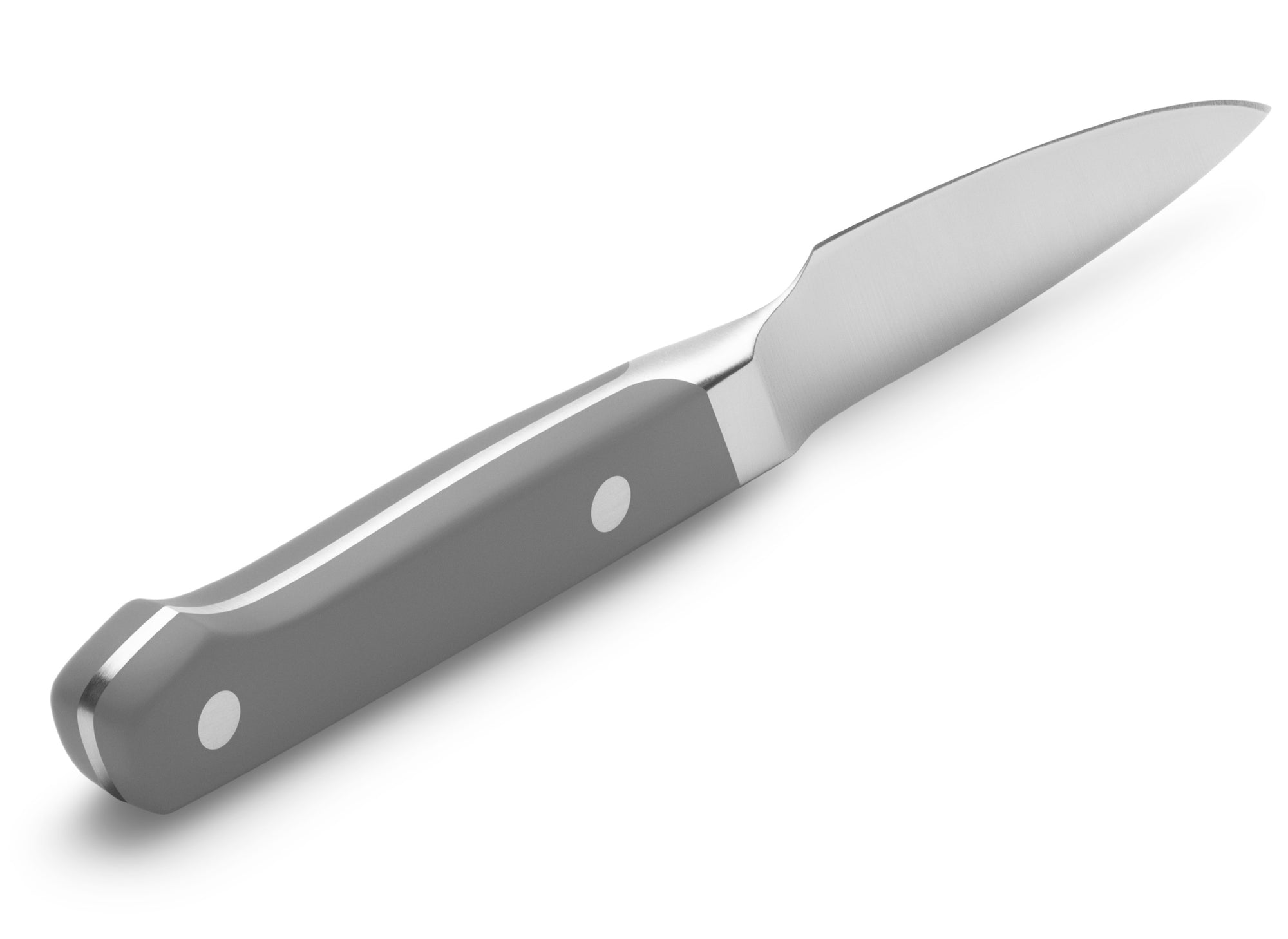 {{starter-gray,essentials-gray,complete-gray}} The Misen Paring Knife in gray can be used for delicate tasks that need to be cut to precision.