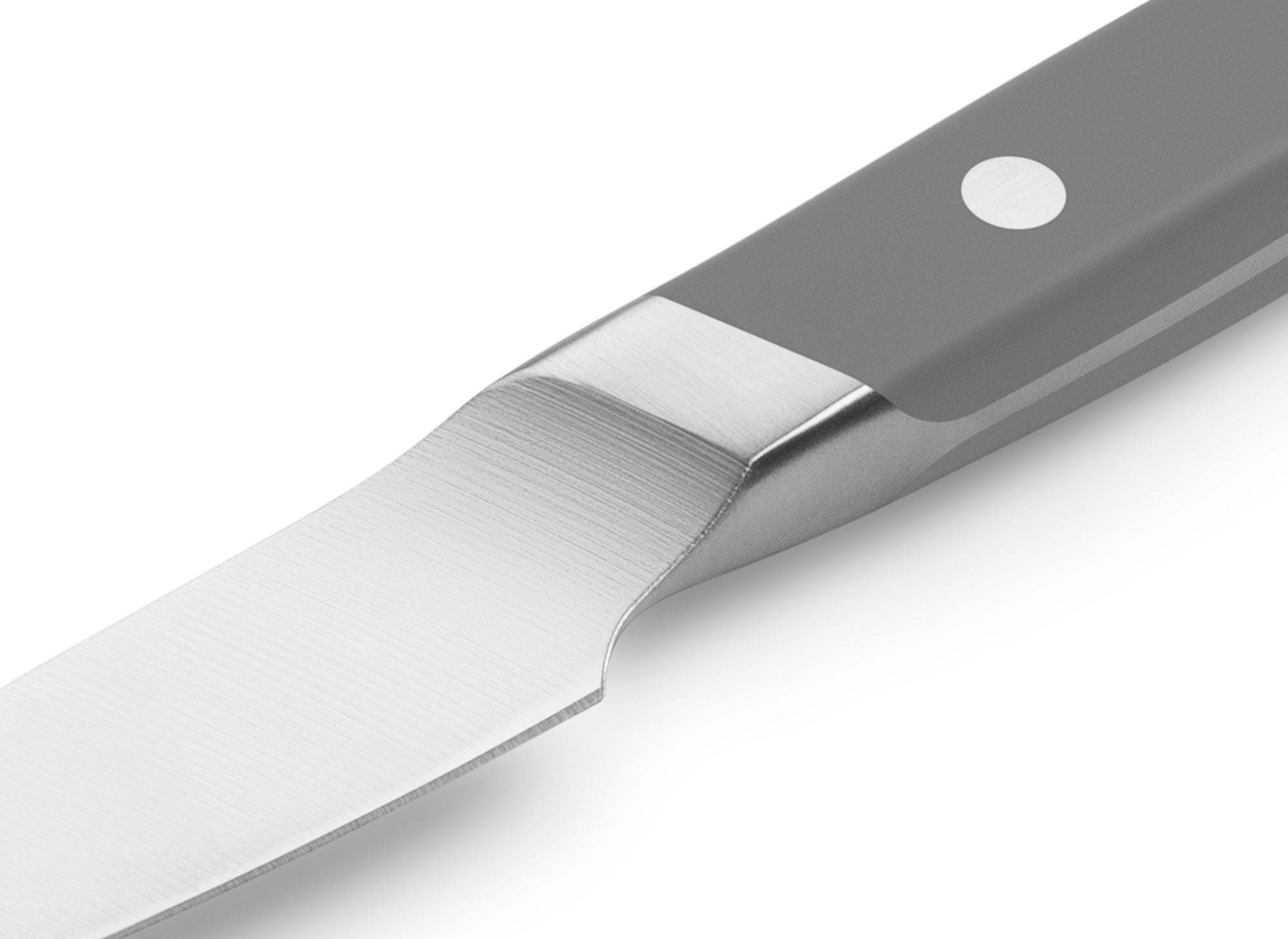 {{gray}} The Misen Paring Knife in gray features a unique sloped bolster.