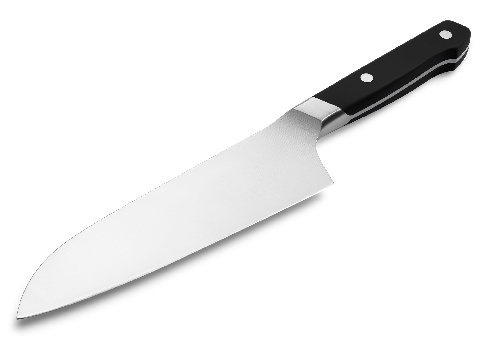 {{black}} The Misen Santoku Knife in black features a thick spine and a straight eastern blade.