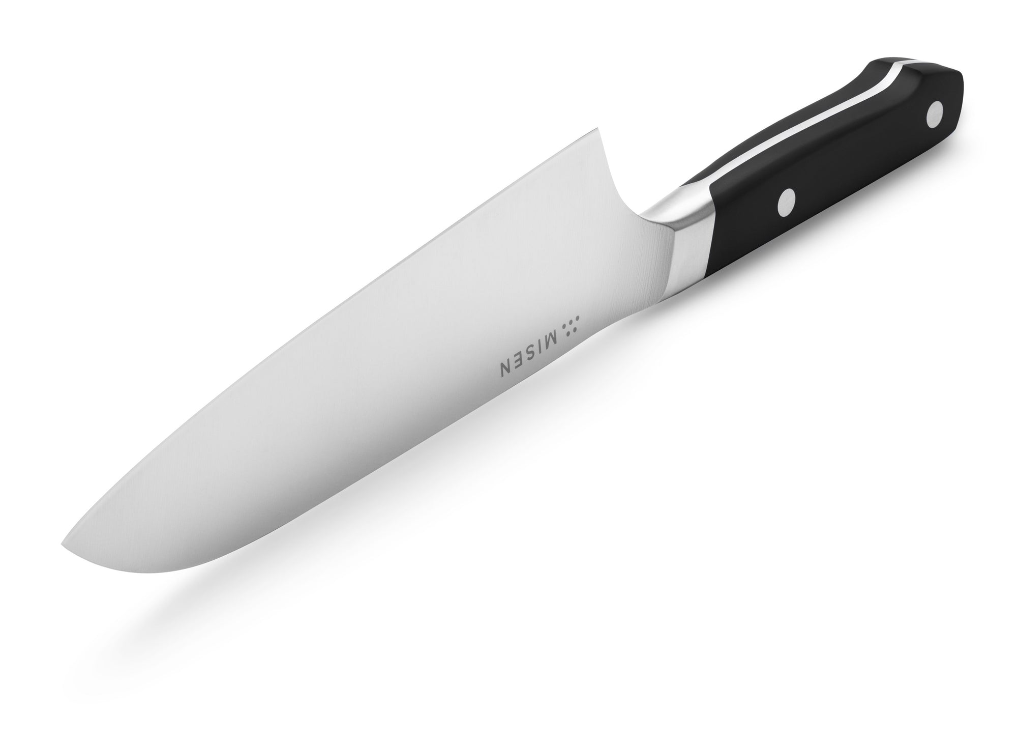 {{black}} The Misen Santoku Knife in black features a rounded down tip with a flat blade edge.