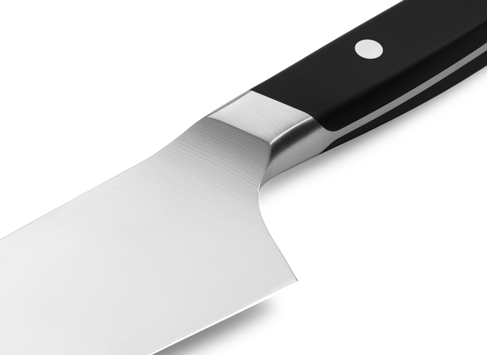 {{black}} The Misen Santoku Knife in black features a unique sloped bolster.
