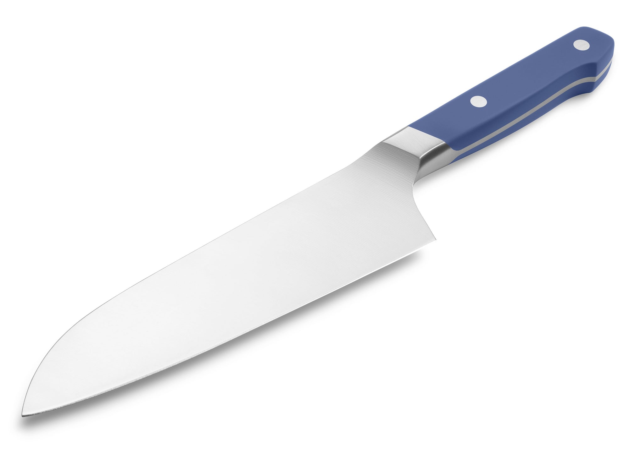 {{blue}} The Misen Santoku Knife in blue features a thick spine and a straight eastern blade.