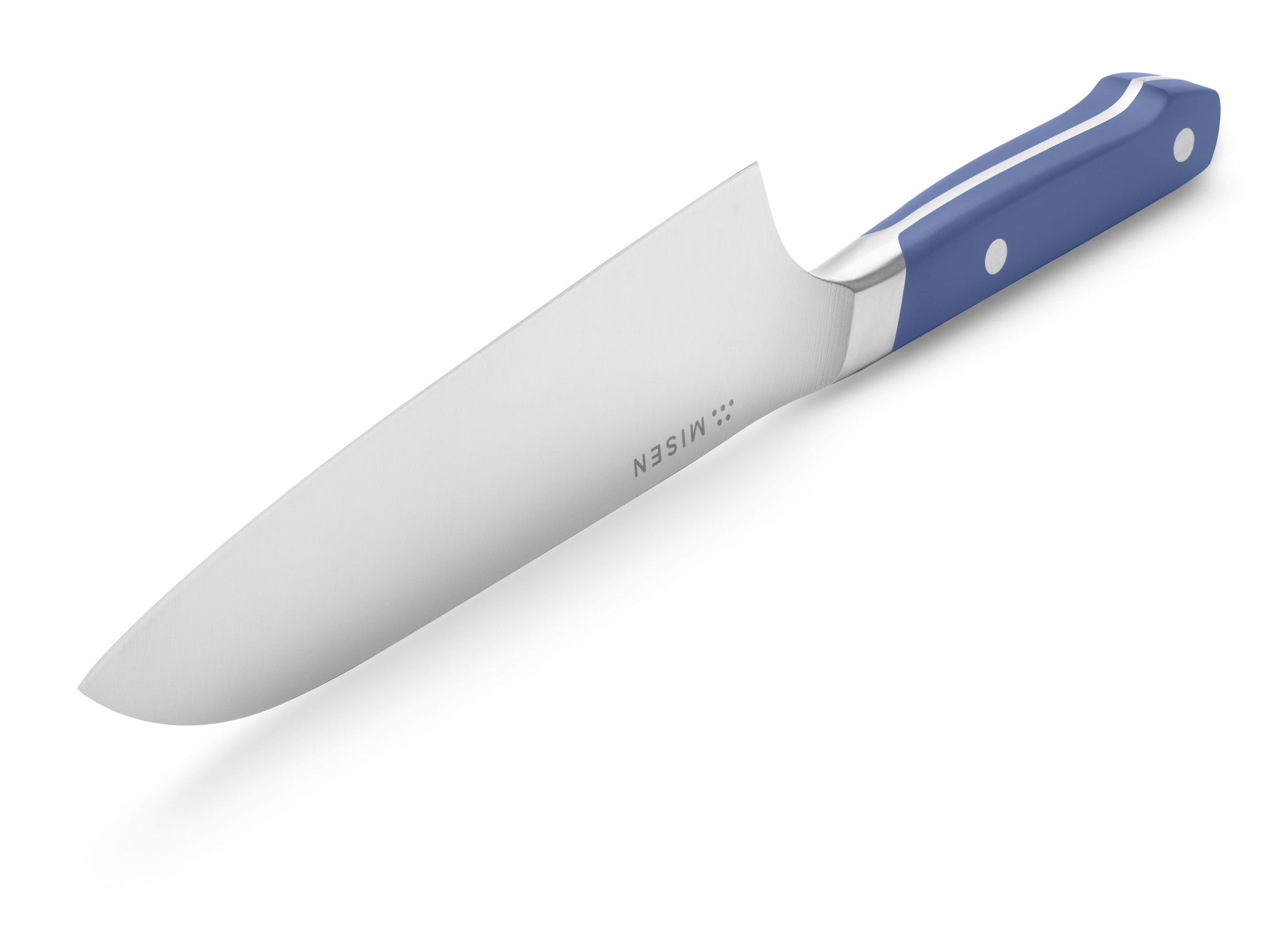 {{blue}} The Misen Santoku Knife in blue features a rounded down tip with a flat blade edge.