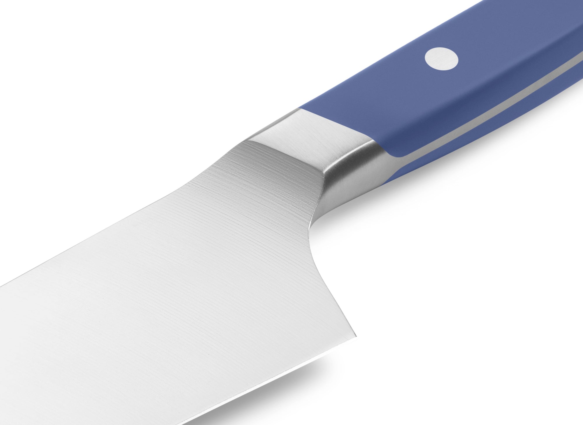 {{blue}} The Misen Santoku Knife in blue features a unique sloped bolster.