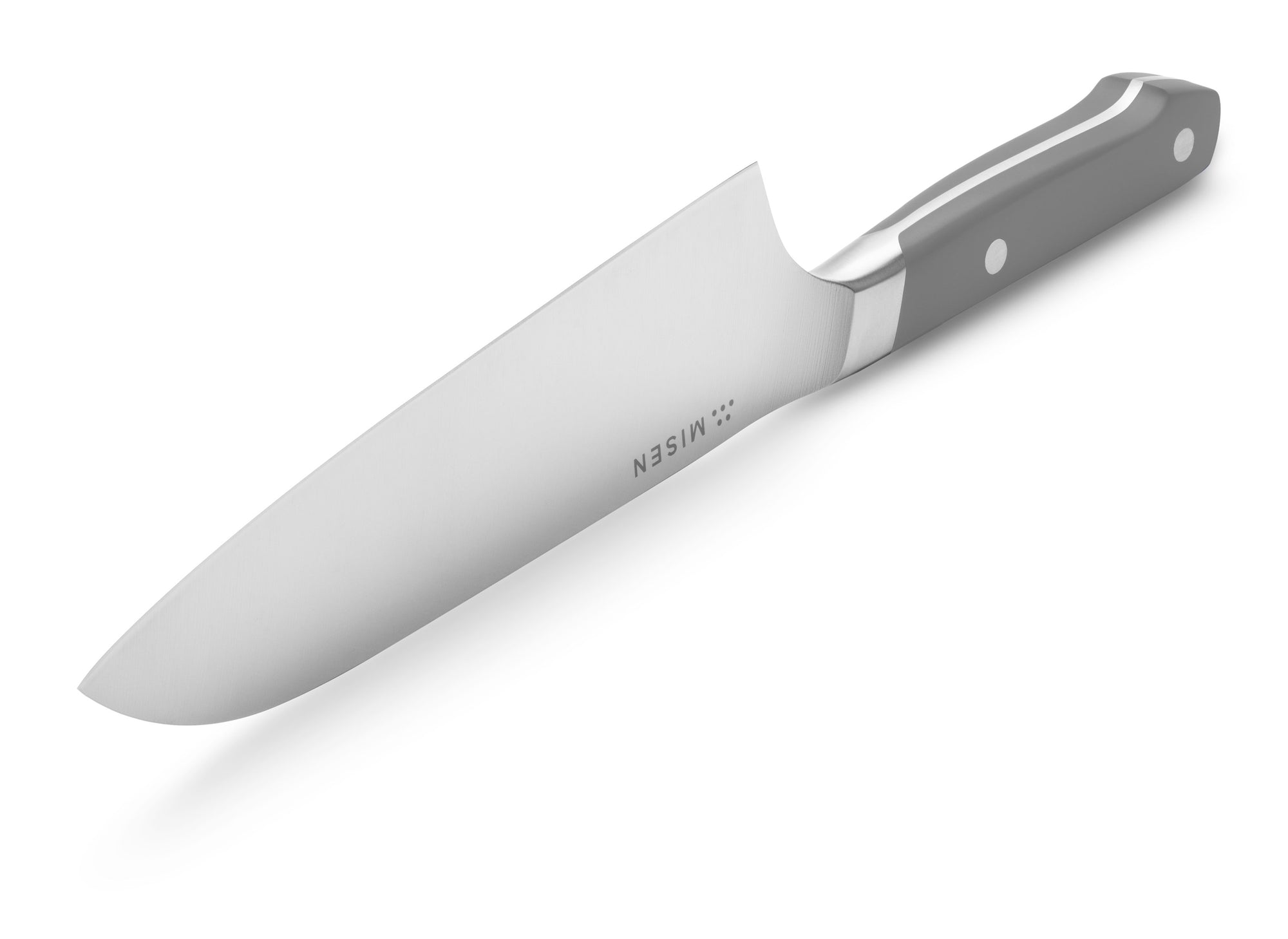 {{gray}} The Misen Santoku Knife in gray features a rounded down tip with a flat blade edge.