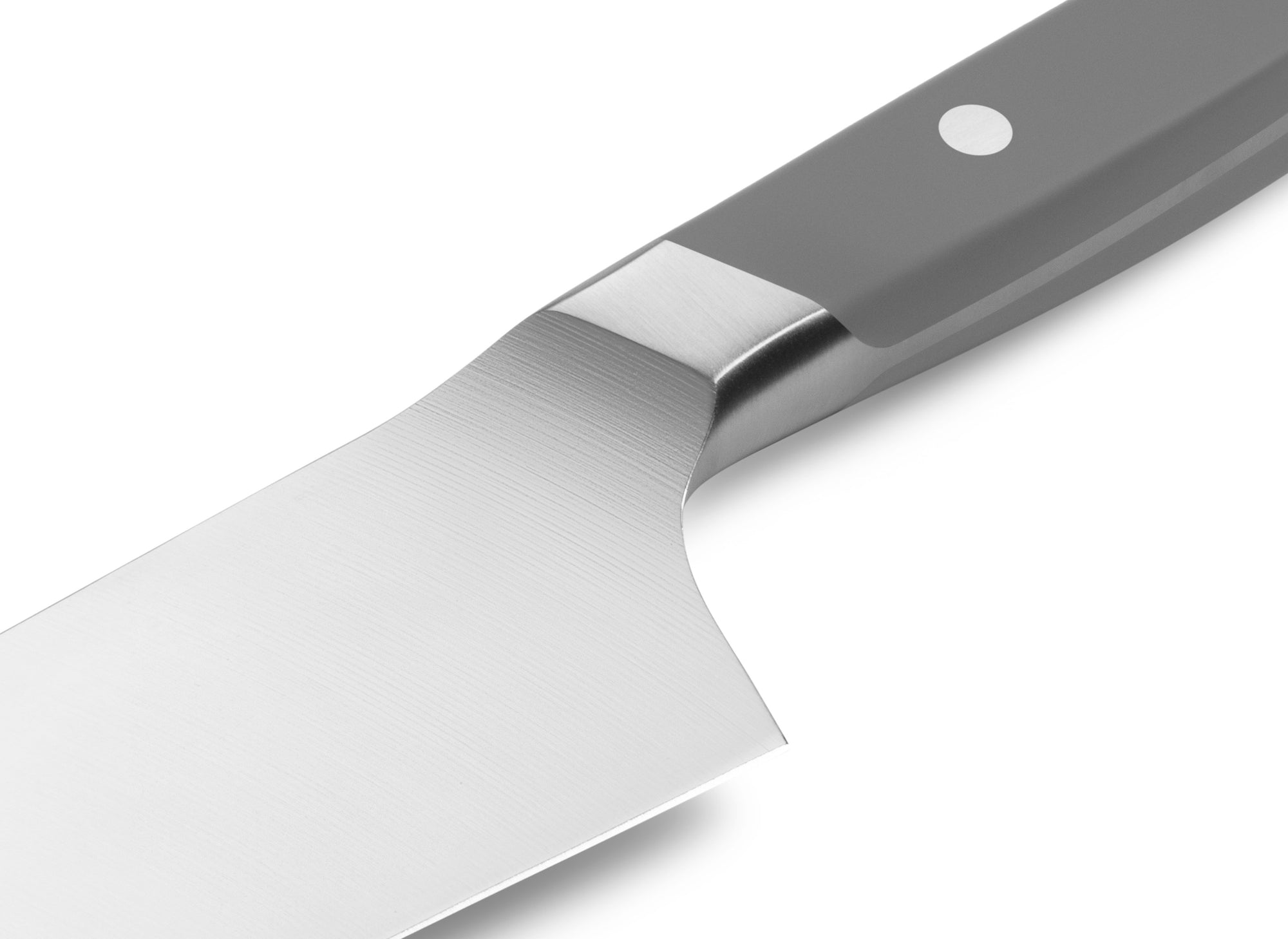 {{gray}} The Misen Santoku Knife in gray features a unique sloped bolster.