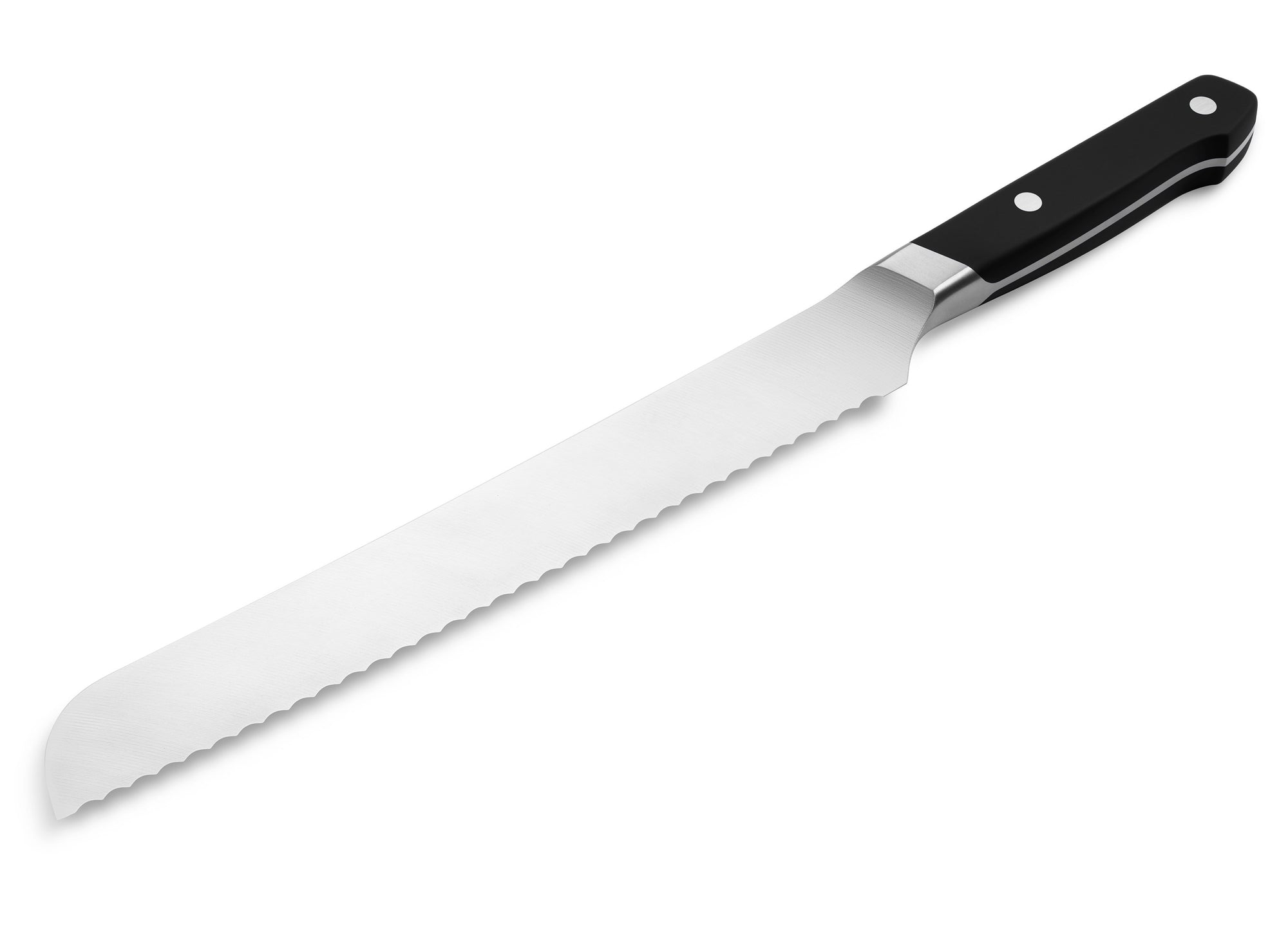 {{black}} The Misen Serrated Knife in black features a thick spine and a blade with deep and wide points.