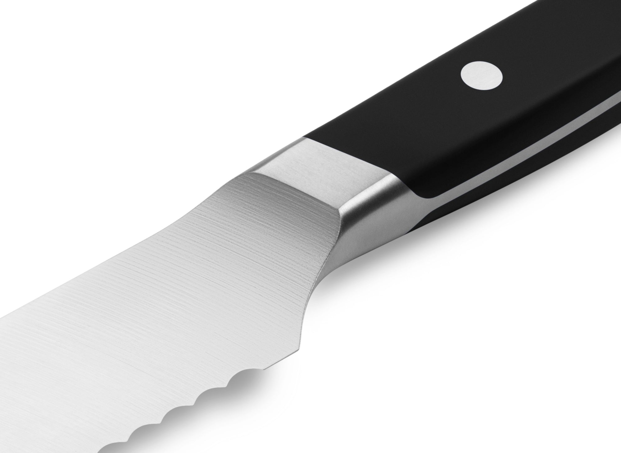 {{5-piece-black, 3-piece-black}} All knives in the Misen Essentials Knife Set in black feature a unique sloped bolster.
