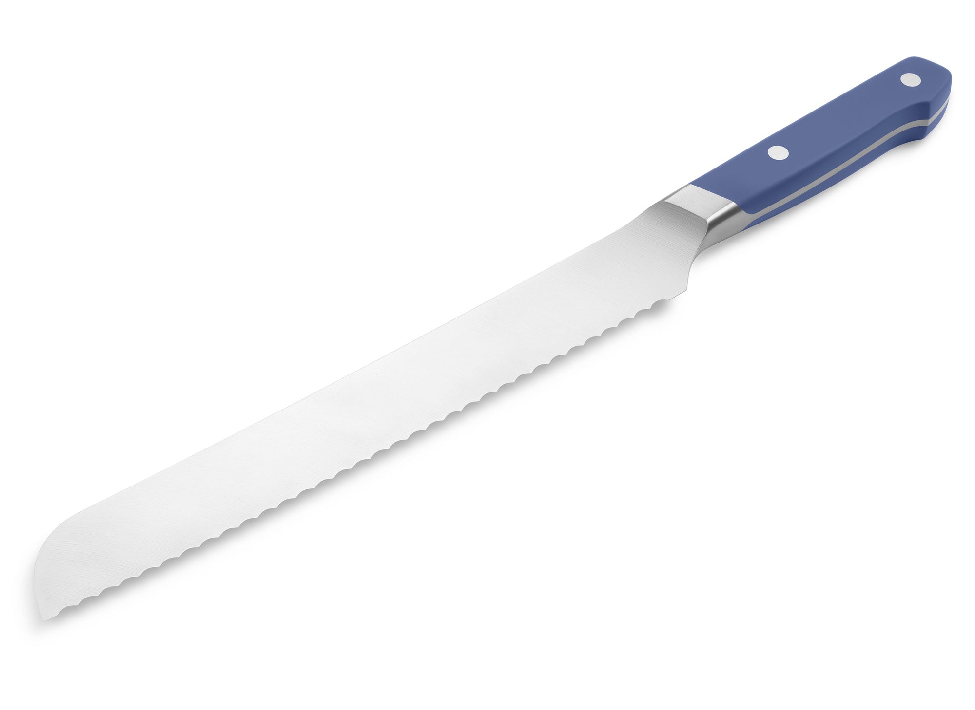 {{blue}} The Misen Serrated Knife in blue features a thick spine and a blade with deep and wide points.