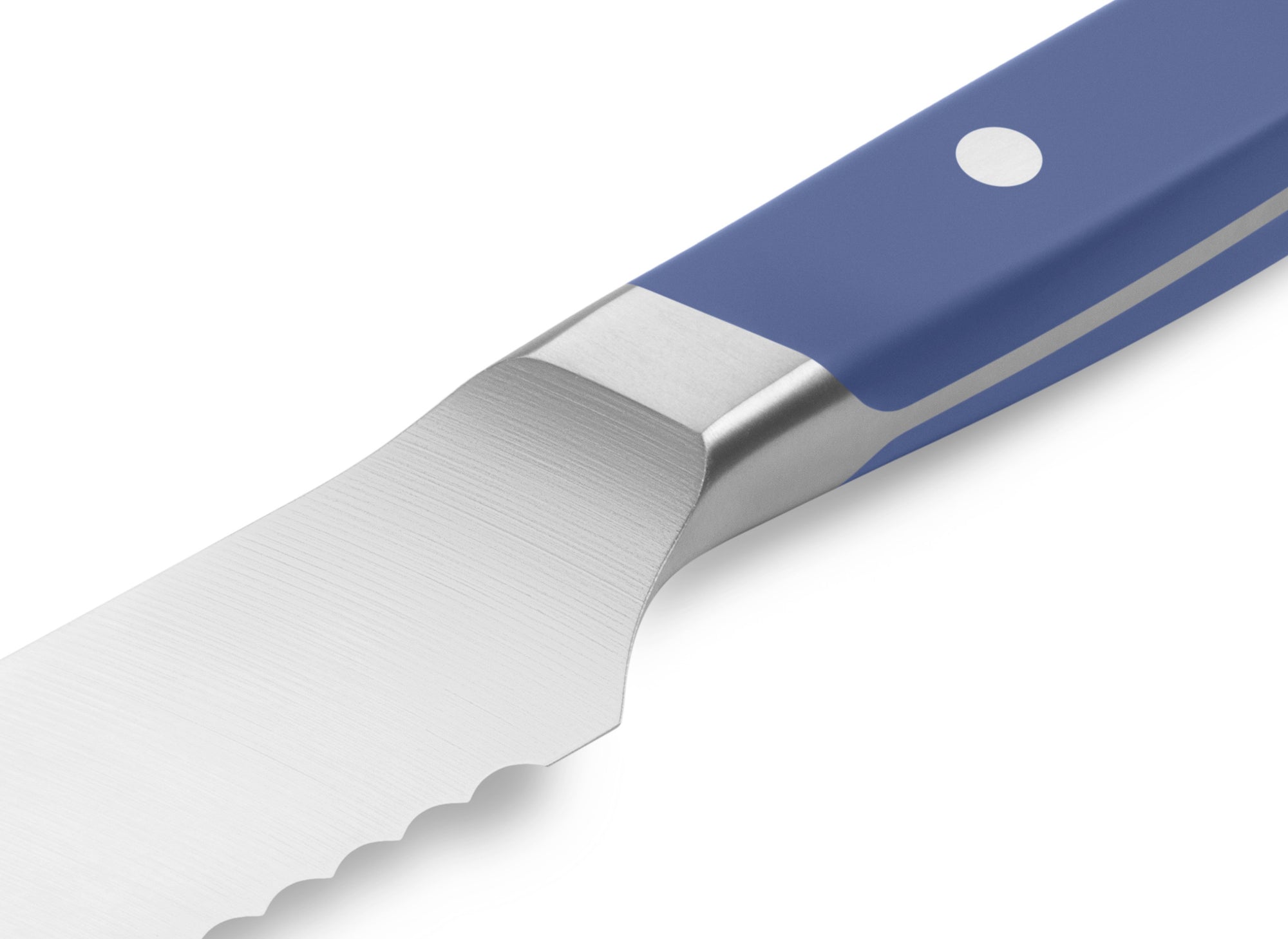 {{blue}} The Misen Serrated Knife in blue features a unique sloped bolster.