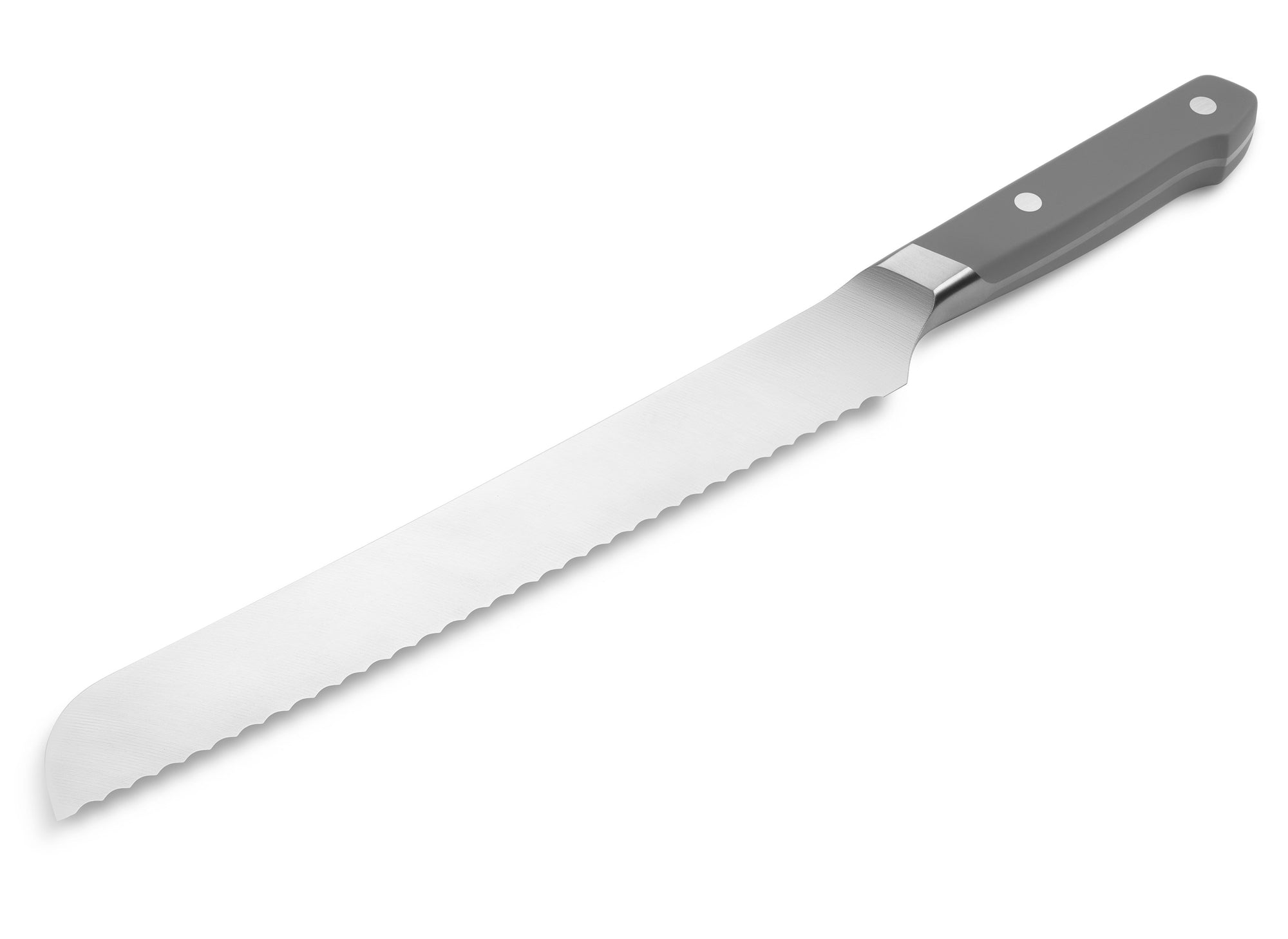 {{gray}} The Misen Serrated Knife in gray features a thick spine and a blade with deep and wide points.
