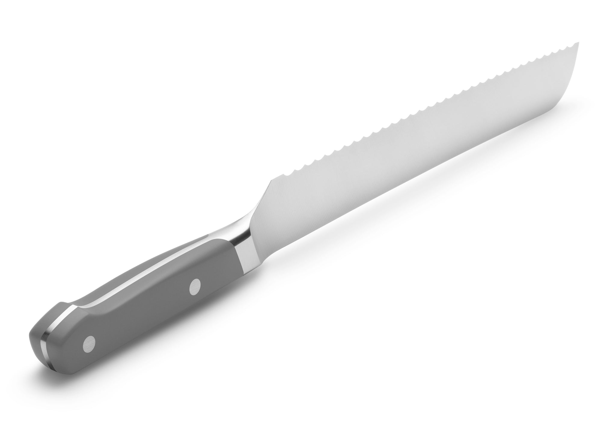 {{gray}} Misen Serrated Knife handle in gray with full tang and rivets