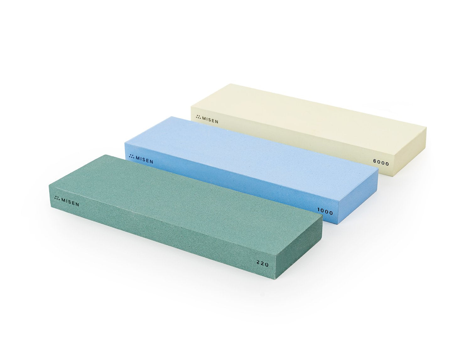 {{complete-set}} The complete set of Misen Sharpening Stones includes a coarse 220 Grit, a medium 1000 Grit, and a fine 6000 grit.
