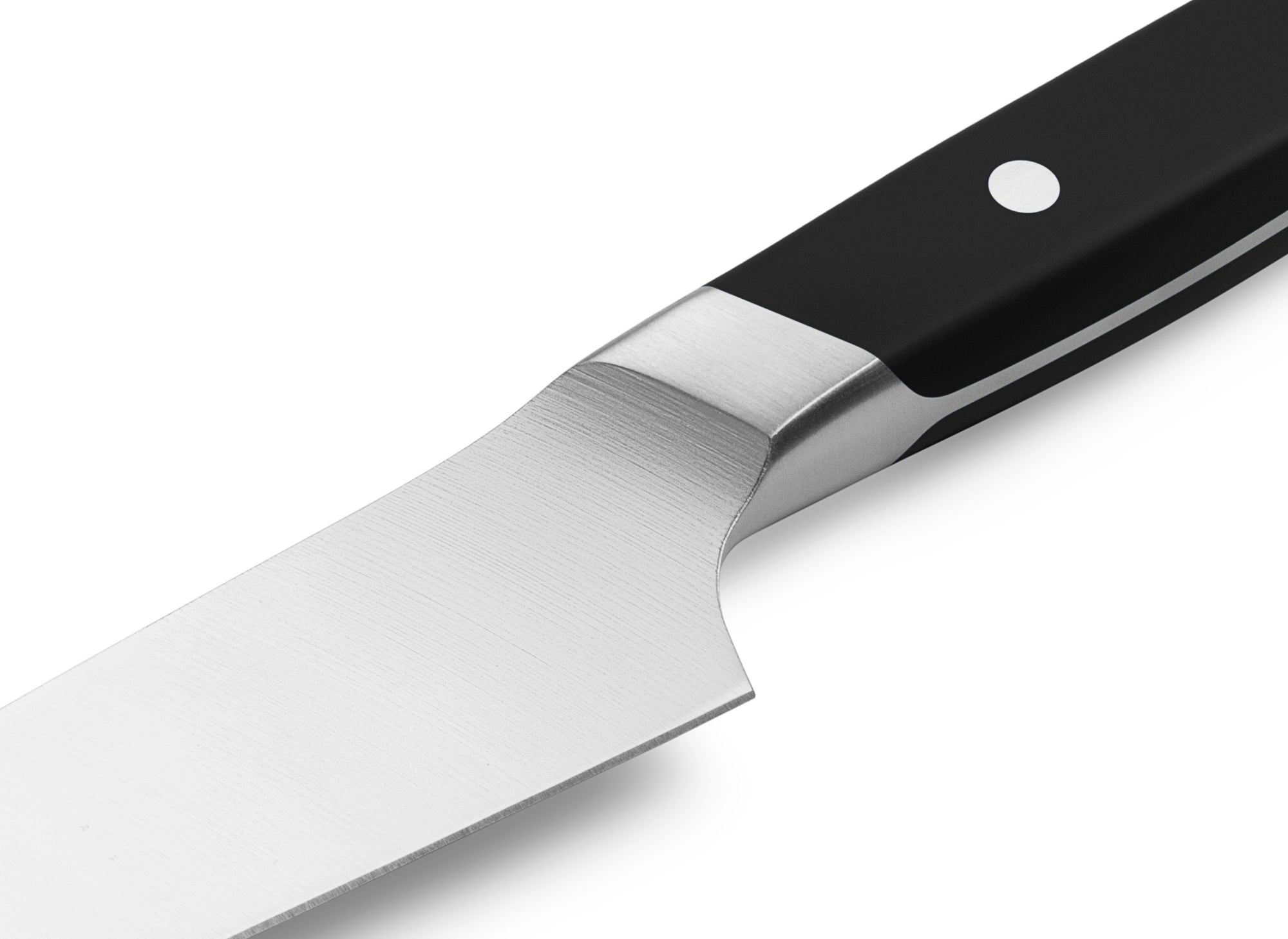 {{black}} The Misen Utility Knife in black features a unique sloped bolster.