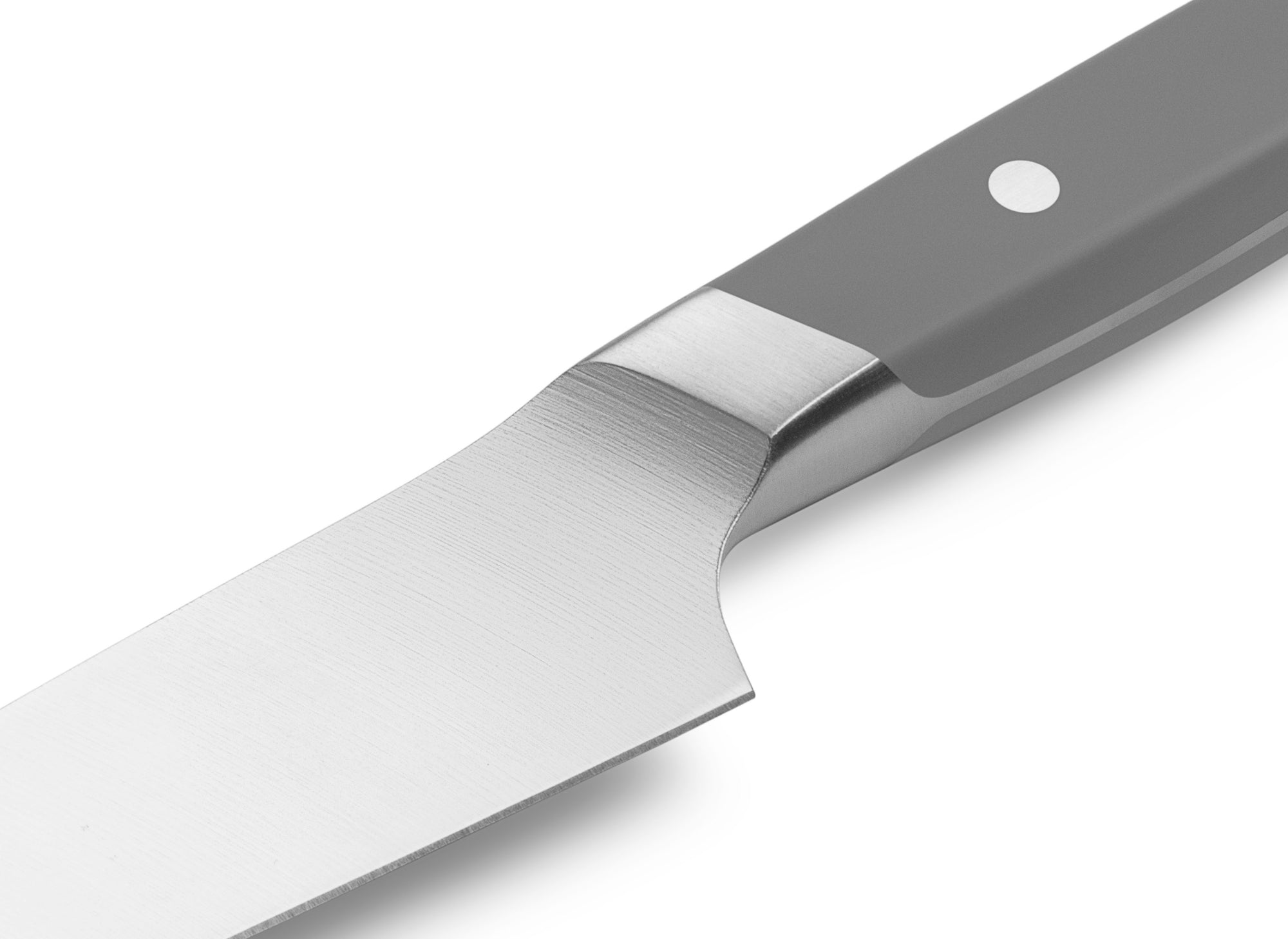 {{gray}} The Misen Utility Knife in gray features a unique sloped bolster.